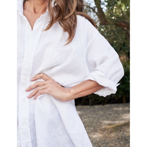 Frank & Eileen MacKenzie Button Up Shirt in White Linen Coastal Boho One Size - Picture 3 of 10